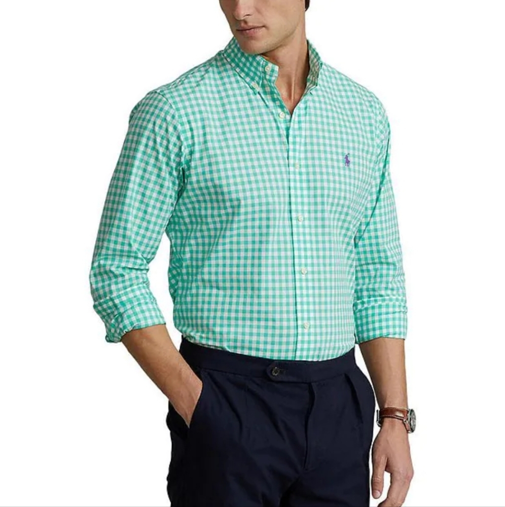Polo Ralph Lauren Classic-Fit Gingham Poplin Stretch Long-Sleeve Woven S…